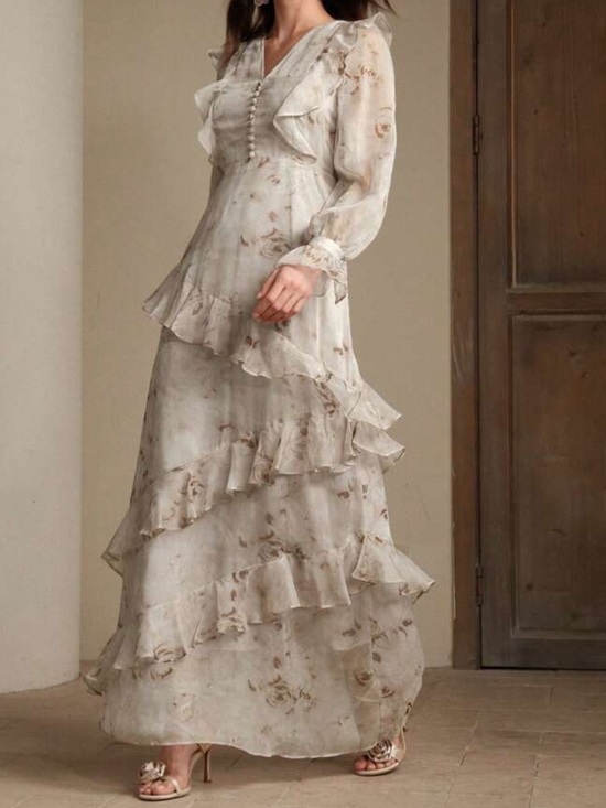 Anewsta Dresses & Skirts - Romantic Floral Ruffle Maxi Dress in Light Beige